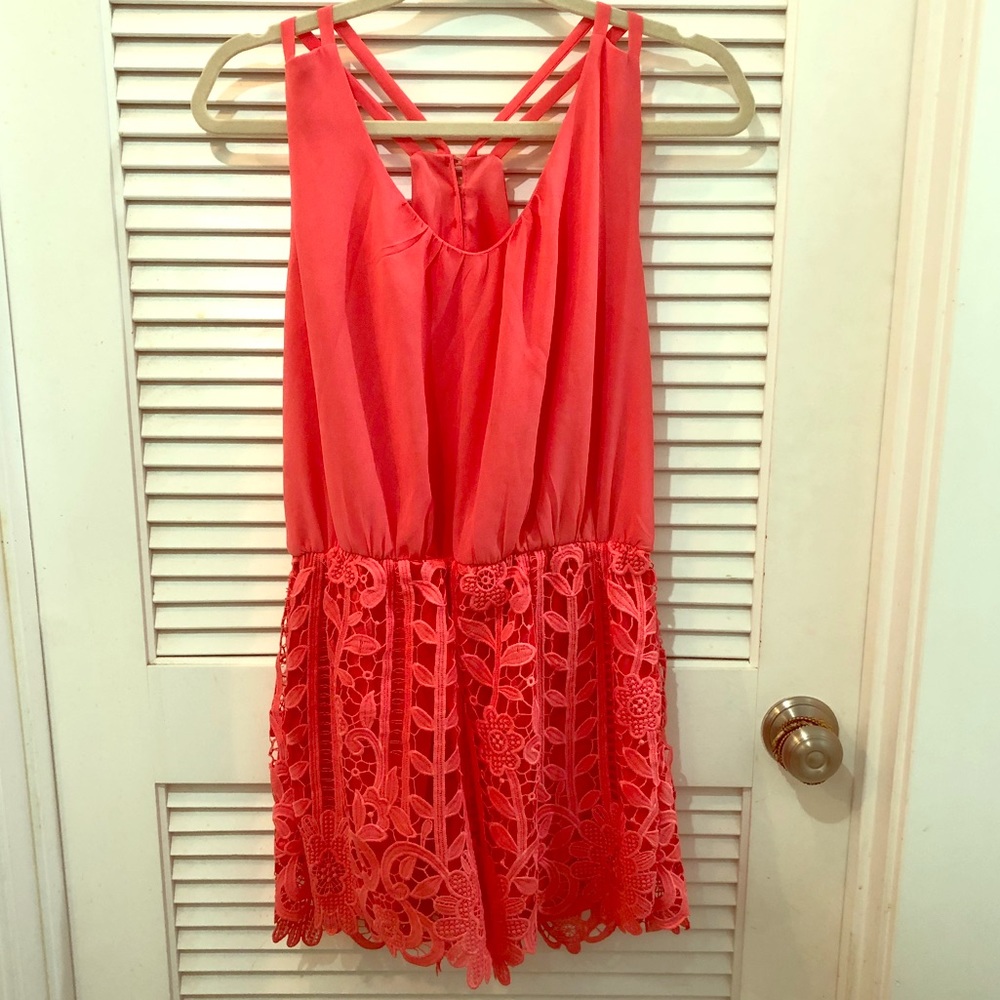 Lace ROMPER by Soieblu. Peachy-orange color.